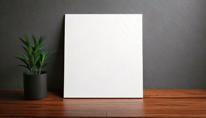 グレーの壁に立てかけてある空白の白い紙のフレーム背景