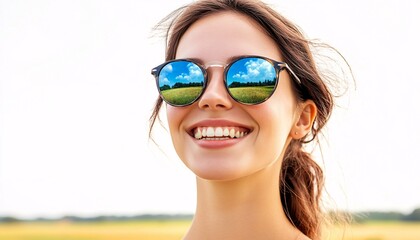 Fototapeta premium Smiling woman in sunglasses with a vibrant landscape reflection, showcasing the beauty of nature through double exposure artistry.