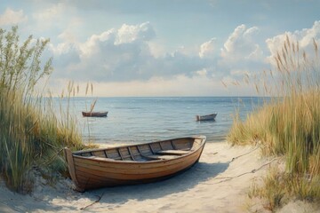 Naklejka premium Tranquil beach scene with a wooden boat resting on the sandy shore, surrounded by tall grass and calm waters, evoking peaceful summer vibes and outdoor serenity