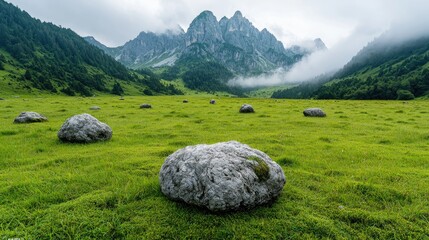 Mountain meadow with large rocks, misty peaks. Postcard, travel brochure