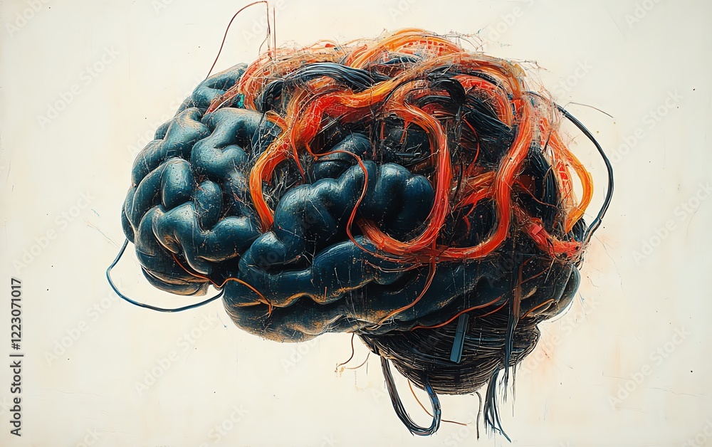Poster illustration of a brain intertwined with computer wires, showcasing artificial intelligence, big dat