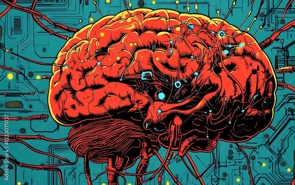 Poster illustration of a brain intertwined with computer wires, showcasing artificial intelligence, big dat