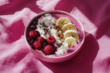 A vibrant smoothie bowl garnished with fresh raspberries, blueberries, and banana slices, embodying freshness and healthiness in a beautiful presentation.