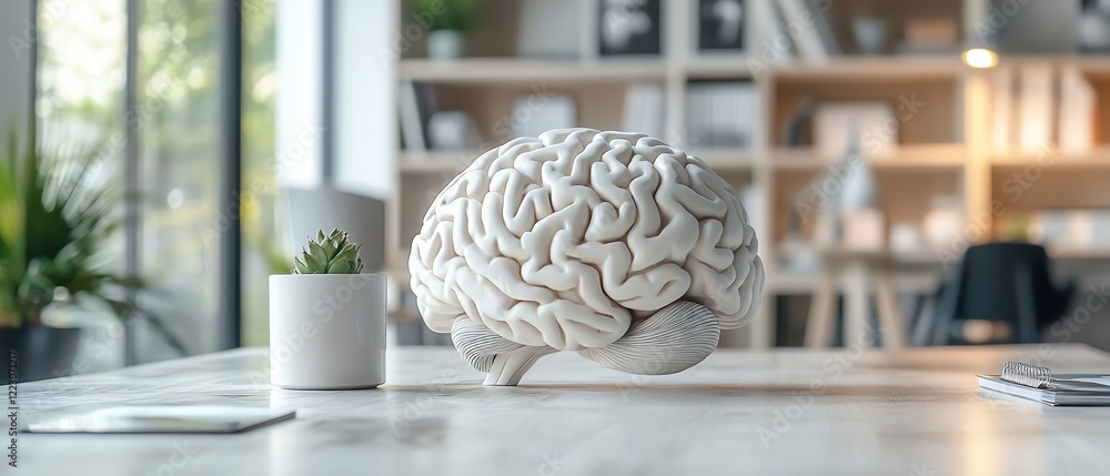 Poster office workspace with a white brain model on the table, illustrating artificial intelligence, neural