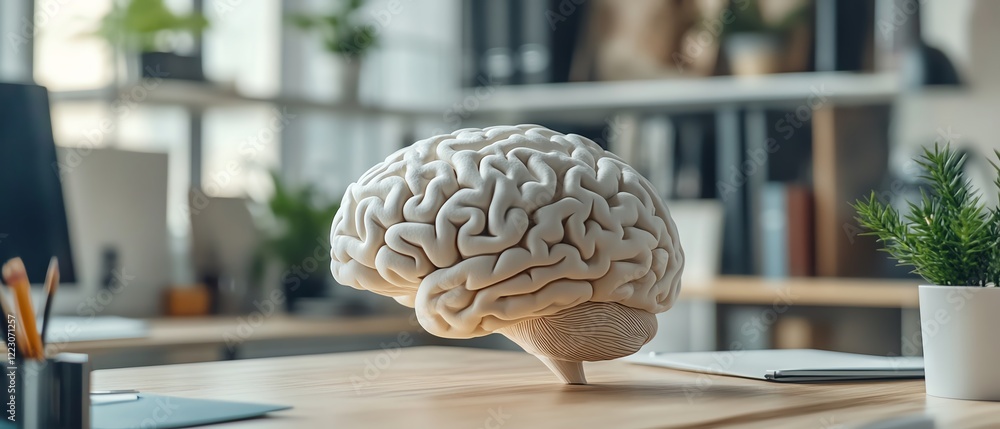 Poster office workspace with a white brain model on the table, illustrating artificial intelligence, neural