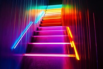 Colorful Neon Lights Illuminating Stairs in Vibrant Artwork Display