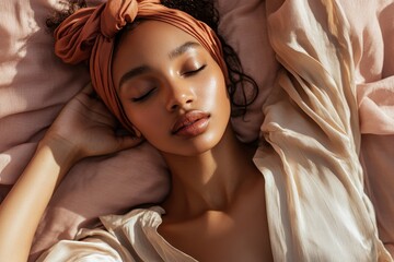 Serene Young Woman Resting in Bed, Wearing a Turban Head Wrap
