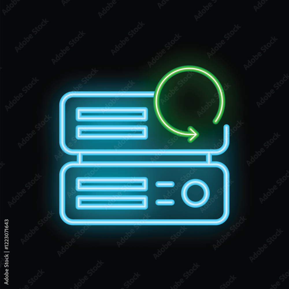 Poster neon server backup icon glowing on dark background representing data security and recovery