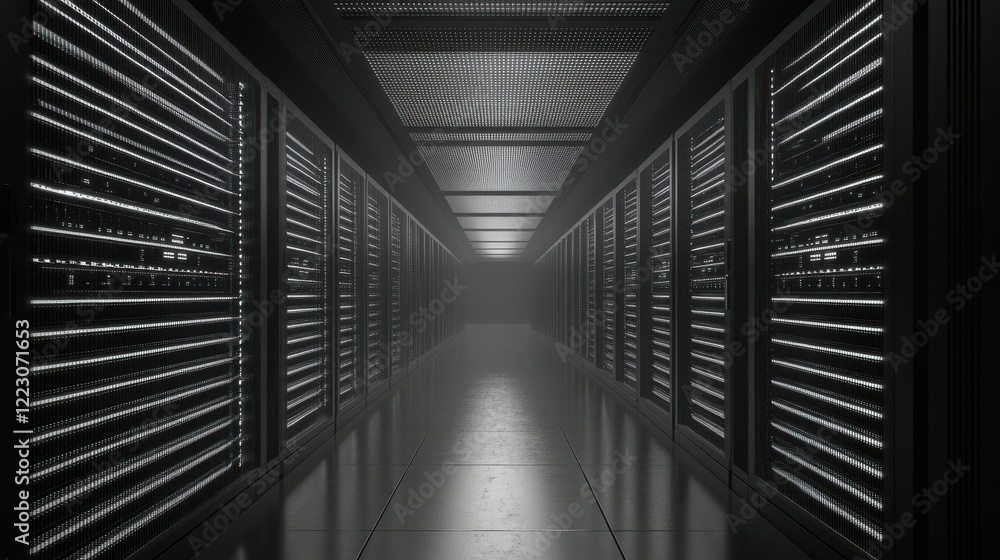 Poster modern data center with illuminated server racks and reflective metallic floor