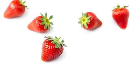 Five vibrant strawberries scattered on a pristine white surface showcasing their rich red color