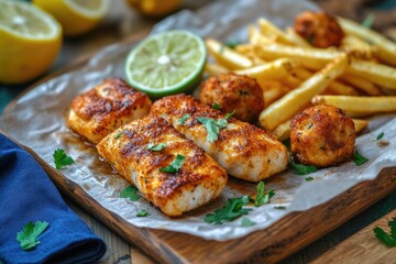 Elegant plate showcasing perfectly grilled fish fillets seasoned with spices, accompanied by crispy fries and garnished with fresh lime slices for extra zest.