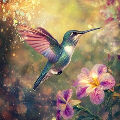 Fototapeta premium Vibrant Hummingbird in Flight Among Purple Flowers and Golden Sparkle