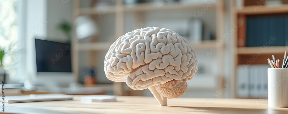 Poster white 3d brain model on a desk in an office, symbolizing artificial intelligence and neural networks