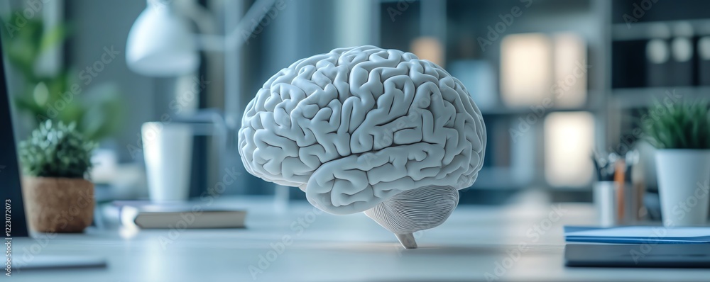 Poster white 3d brain model on a desk in an office, symbolizing artificial intelligence and neural networks