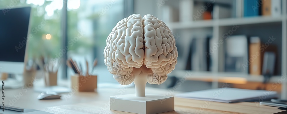 Poster white 3d brain model on a desk in an office, symbolizing artificial intelligence and neural networks