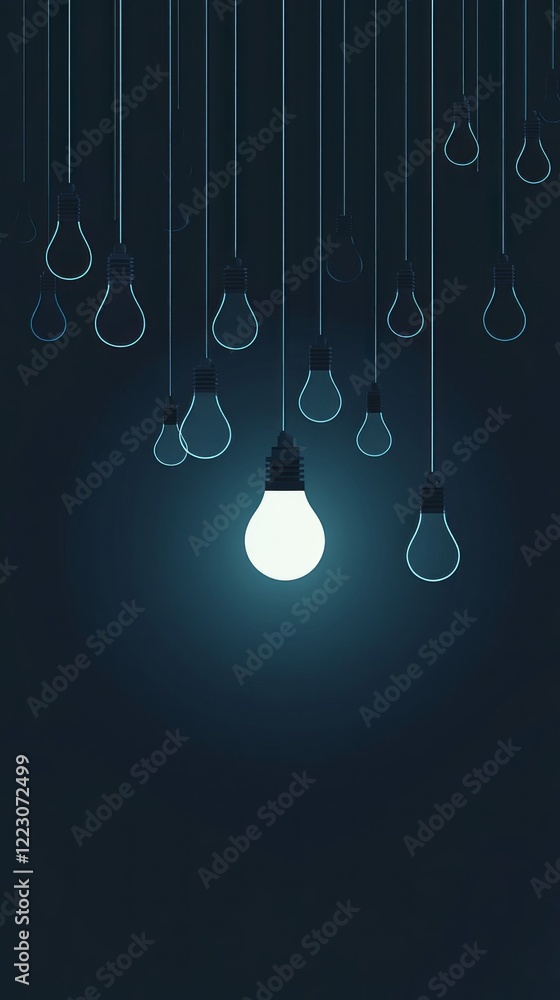 Poster a single bright light bulb stands out against a calming light blue background, creating a soothing a