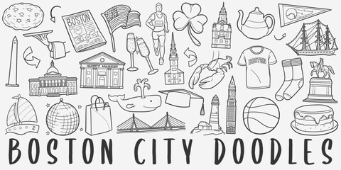 Boston, MA, USA Doodle Icons. Hand Drwan Made Line Art. Massachusetts City Clipart Symbol Design.	
