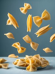 Naklejka premium Various pasta shapes, including farfalle and conchiglie, floating in mid-air with a sprinkle of flour. A dynamic and elegant concept for Italian cuisine against a muted teal background.