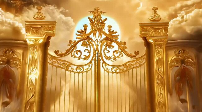A golden gate leading to heaven, surrounded by clouds. The gate is adorned with intricate carvings and is open to reveal a bright light. The scene is filled with a sense of awe and wonder.