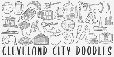 Cleveland, OH, USA Doodle Icons. Hand Drawn Made Line Art. City Ohio Clipart Symbol Design.