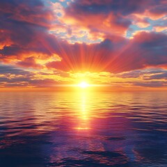 Fototapeta premium Vibrant Sunset Over Calm Ocean Water with Colorful Clouds and Sunbeams