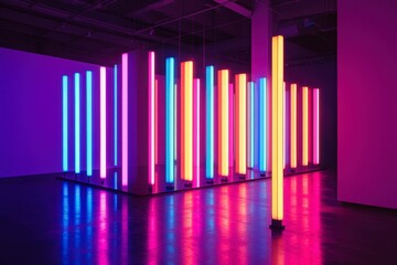 Fototapeta premium Colorful Neon Installation with Vibrant Light Columns in Gallery