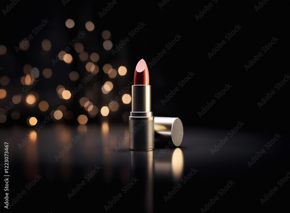 Aufkleber A single tube of lipstick with a dark red hue rests on a reflective surface, illuminated against a bokeh backdrop of warm lights.  The elegant design emphasizes luxury and sophistication.