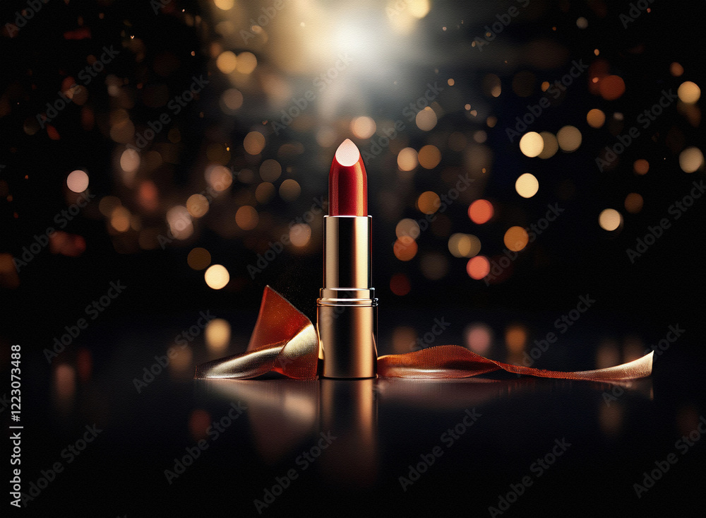Poster A single red lipstick with gold casing sits on a dark reflective surface, adorned with a burnt orange ribbon. Sparkling bokeh lights create a glamorous backdrop.