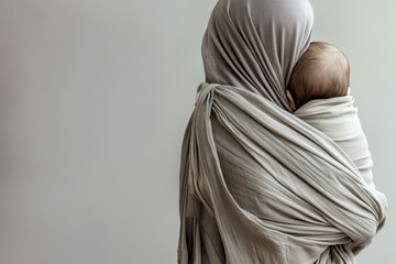 Mother's Embrace A Woman in a Hijab Gently Holds Her Infant Child in a Baby Wrap