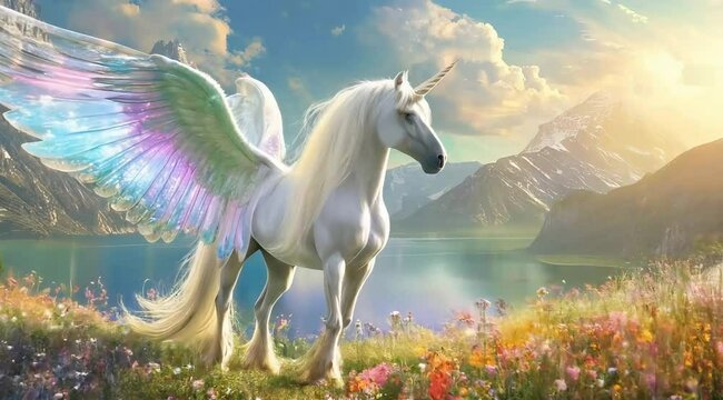 A majestic white unicorn with iridescent wings sits in a field of wildflowers surrounded by snow-capped mountains and a tranquil lake. It looks great.
