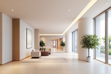 Fototapeta premium Modern interior of a spacious lobby featuring elegant furniture, plants, and natural light