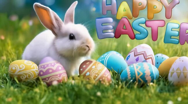 A white rabbit sitting on a meadow with colorful easter eggs. The background is a blurry green field with some flowers. The words "Happy Easter" are written in colorful letters.