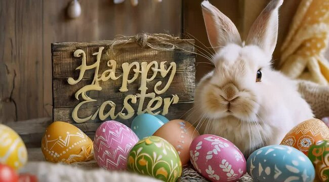 It features a white bunny sitting inside a basket filled with colorful Easter eggs and a wooden sign that says "Happy Easter." The background is a rustic wooden wall with a soft blurred focus.
