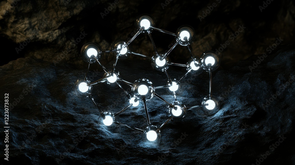 Poster abstract metallic spherical structure with glowing nodes on rocky surface
