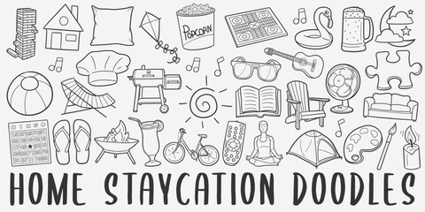 Staycation Doodle Icons. Hand Made Line Art. Home Vacations Clipart Logotype Symbol Design.