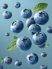  Fresh blueberries floating in the air with water droplets and green leaves, captured against a teal background, showcasing natural vibrancy and freshness.