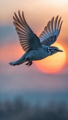 Fototapeta premium Bird in Mid-Flight Against a Colorful Sunset