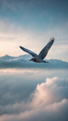 Naklejka premium Majestic Bird Soars Above Sunset Mountains