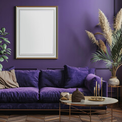 Mockup artist canvas in vertical format on purple background. format front view. Frame for design