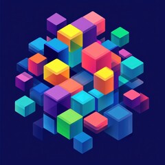 Naklejka premium Cluster of colorful 3D cubes in bright shades of blue, yellow, pink, and green, floating against a dark background.