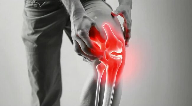 A middle-aged man suffering from knee arthritis. He is massaging his knees with both hands.