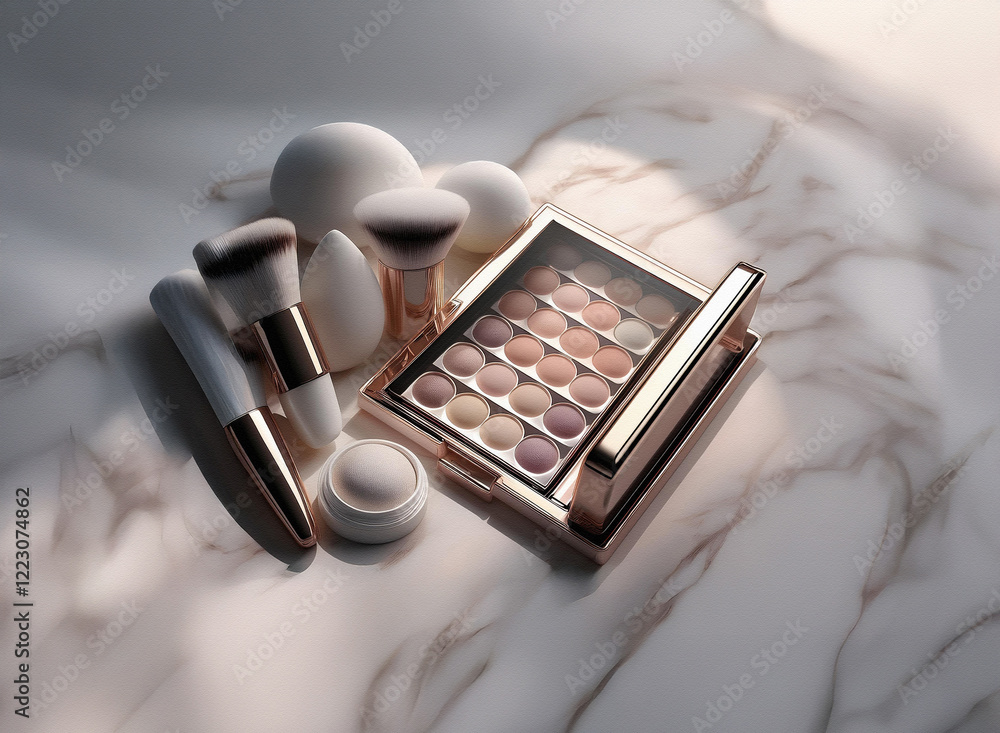 Poster a luxurious eyeshadow palette and makeup brushes rest on a marble surface, bathed in soft light. the