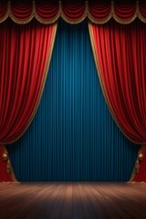 a close up of a stage with a red curtain and a wooden floor