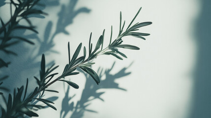 Elegant rosemary herb branch casting delicate shadows against a light background