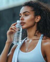 Drinking water after a workout, towel on shoulders