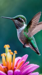 Fototapeta premium Vibrant Hummingbird and Colorful Flower in Nature