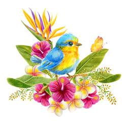 Bird chick sits on branch in tropical flowers and lush greenery. Watercolor painting tropics composition consisting of  hibiscus, plumeria and green leaves.