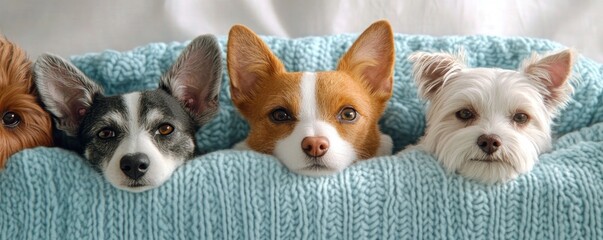 Discover the heartwarming charm of lovable pets cuddled together on a cozy couch, radiating warmth and companionship in a sunlit room, captured in a delightful photograph of four adorable puppies