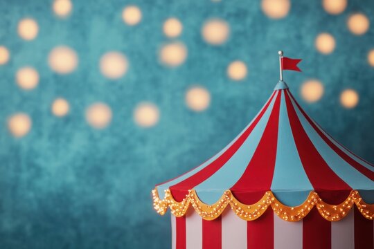 A colorful circus tent with festive lights in the background, creating a whimsical and joyful atmosphere for entertainment.