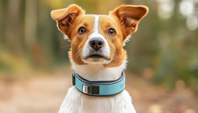 Discover the future of pet care with a cutting-edge, futuristic pet camera collar with real-time monitoring capabilities, shown in action on a hiking trail, that provides unmatched insights into your